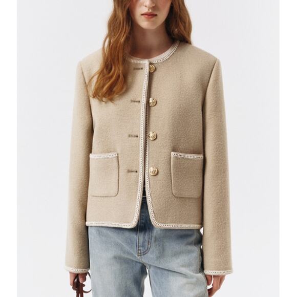 DUNST X RTR Cream Beige Wool Rich Blend Classic Boucle Tweed Jacket Size L - Picture 1 of 8
